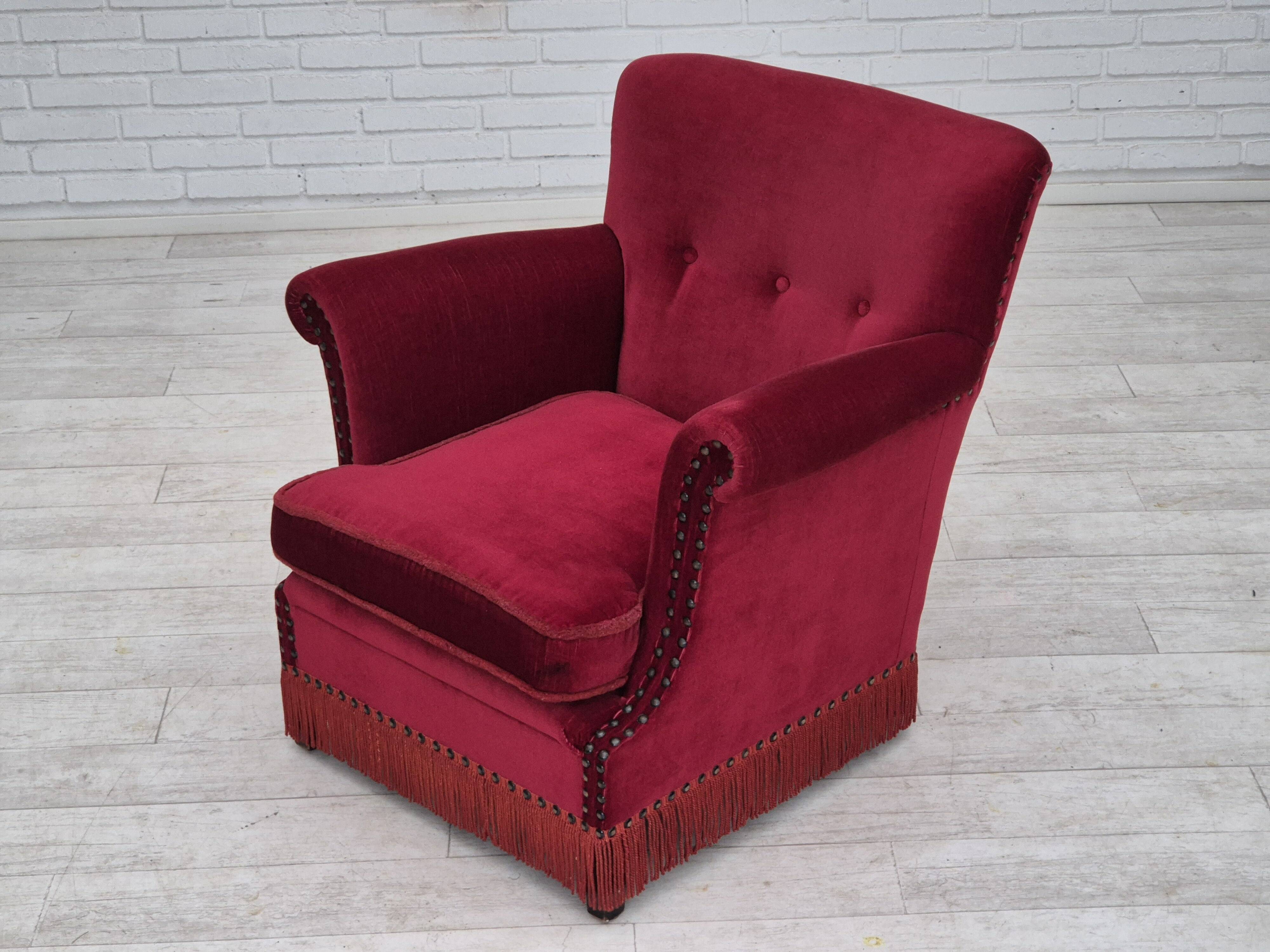 1970s, Danish lounge chair, original condition, cherry-red velour fabric.