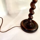 Turned wooden lamp, fabric cable, cotton lampshade.