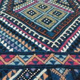 Blue carpet with multicolored patterns woven hands in natural wool