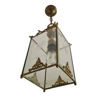 Lustre lanterne ancien en laiton et verre ciselé