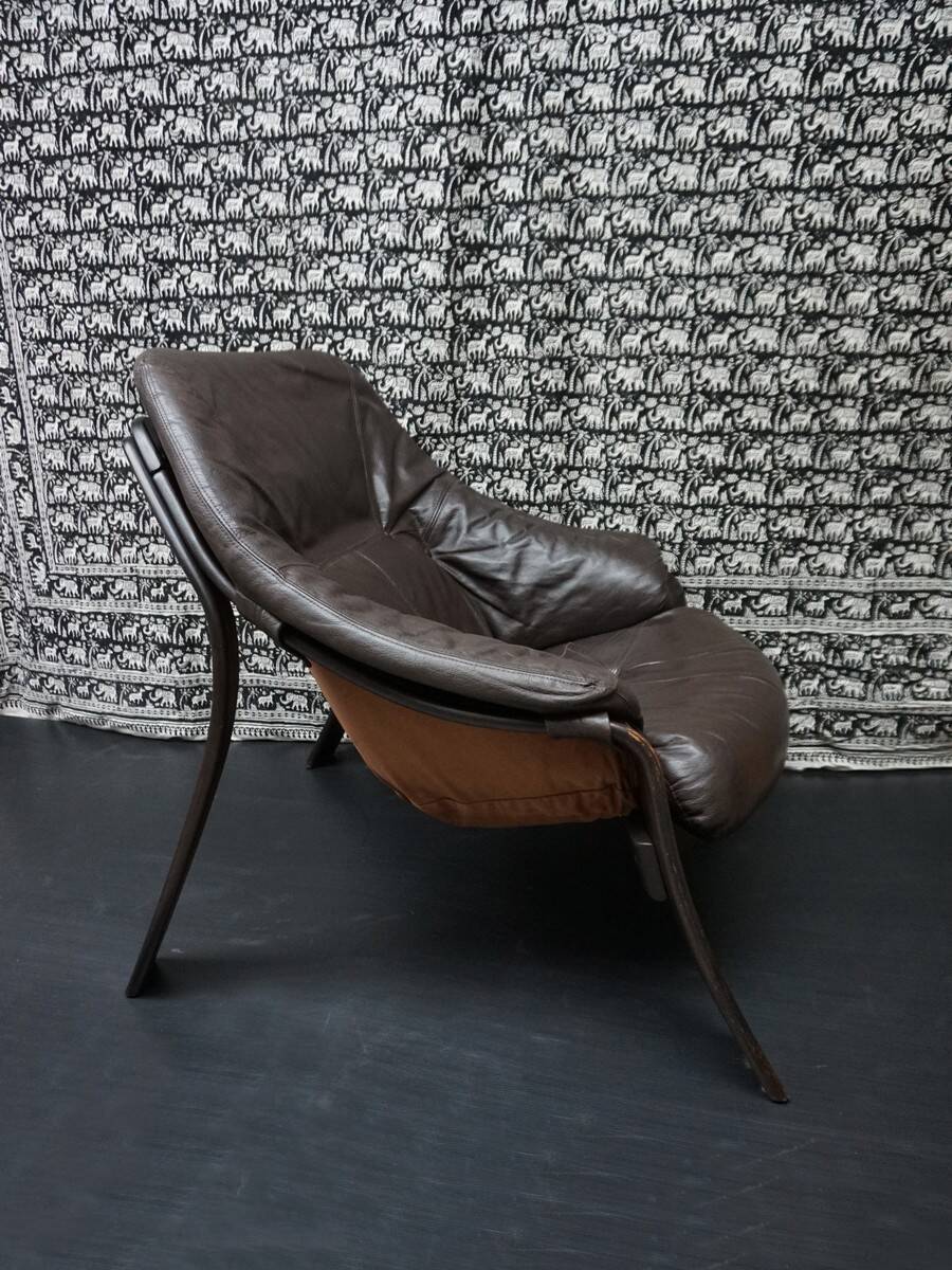 Brutalist brown Leather low Lounge Chair, Norway 1970s