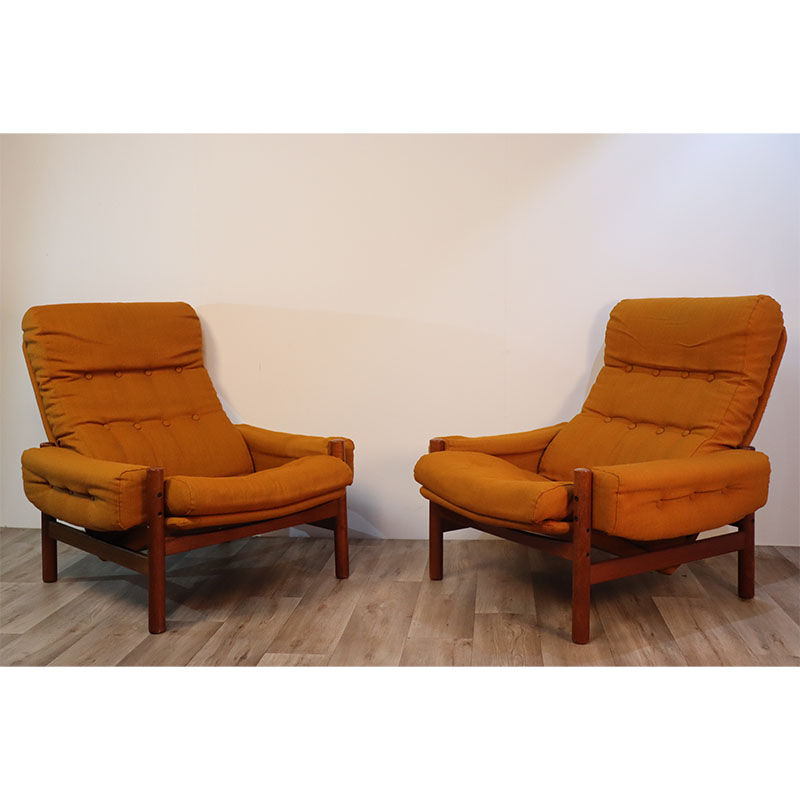 Pair of Scandinavian armchairs in teak and fabric 1960