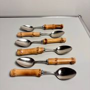Lot de 6 cuillères à dessert vintage à manches bambou