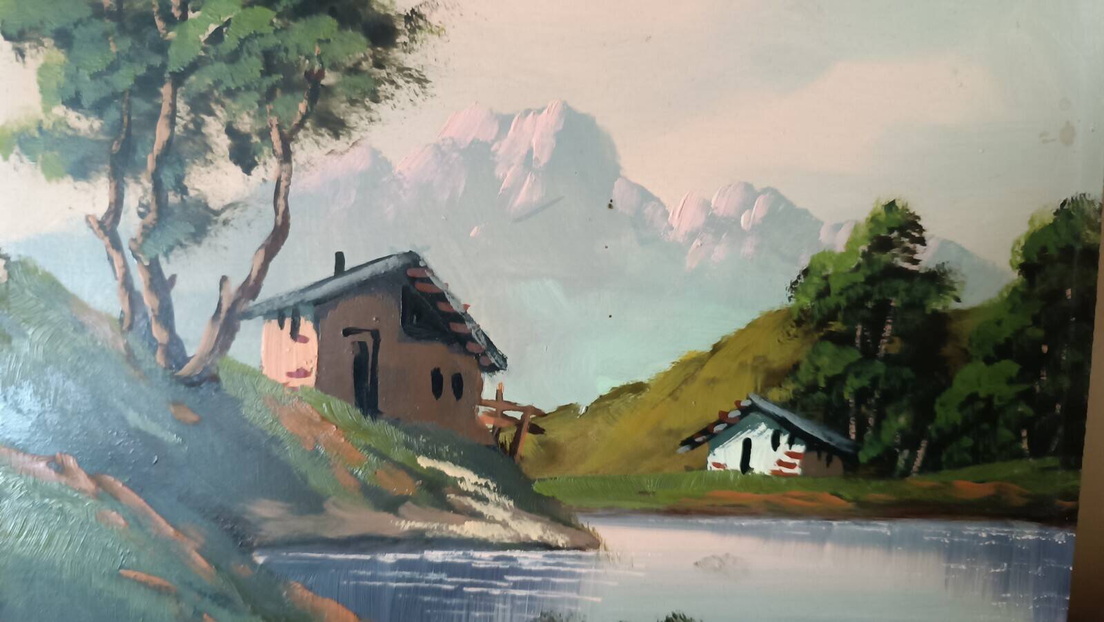 Oil painting on faesite from the 50s signed roos mountain landscape