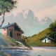 Peinture à l'huile sur faesite années 50 signée roos paysage de montagne