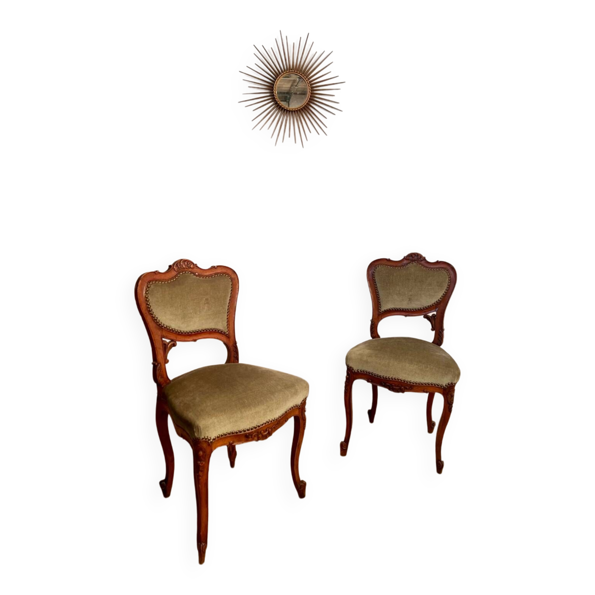 Lot 2 old Louis XV style carved solid walnut chairs late 19th century