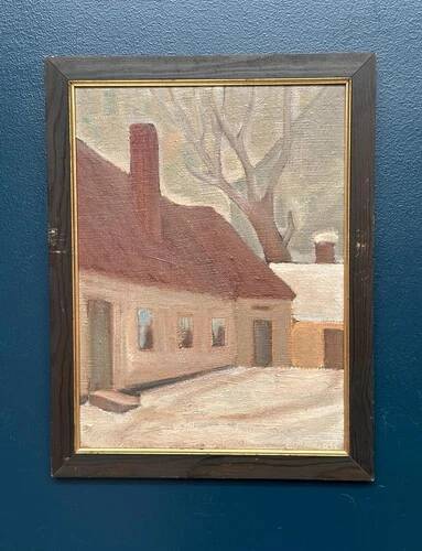 Original Swedish Oil on Canvas “House” by Unknown Artist Vintage & Framed