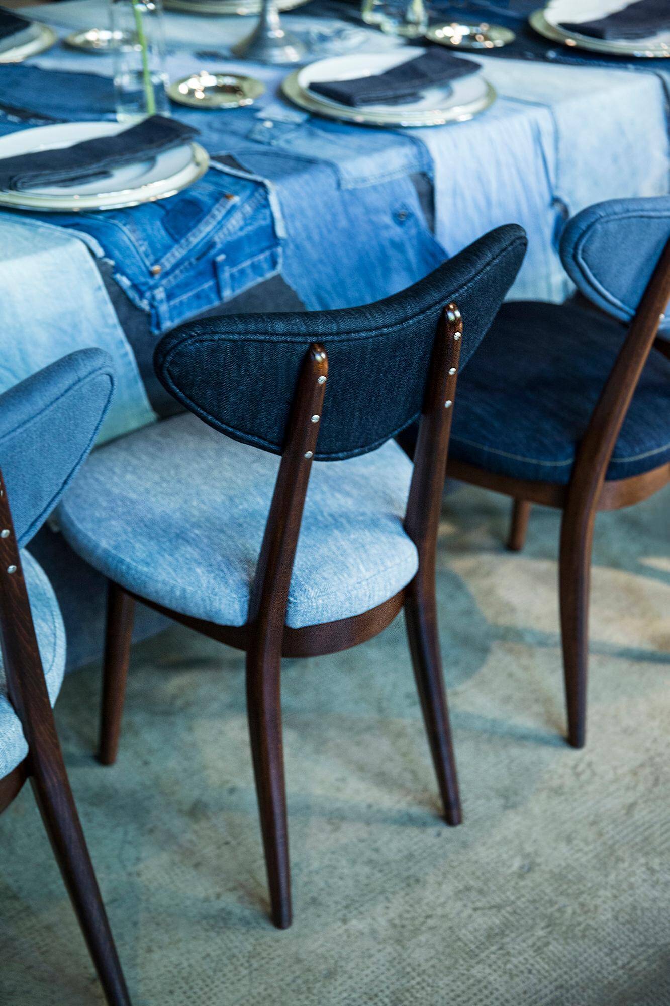 Heart-shaped chair in light and dark blue denim, mid-century style, Europe, 1960s.