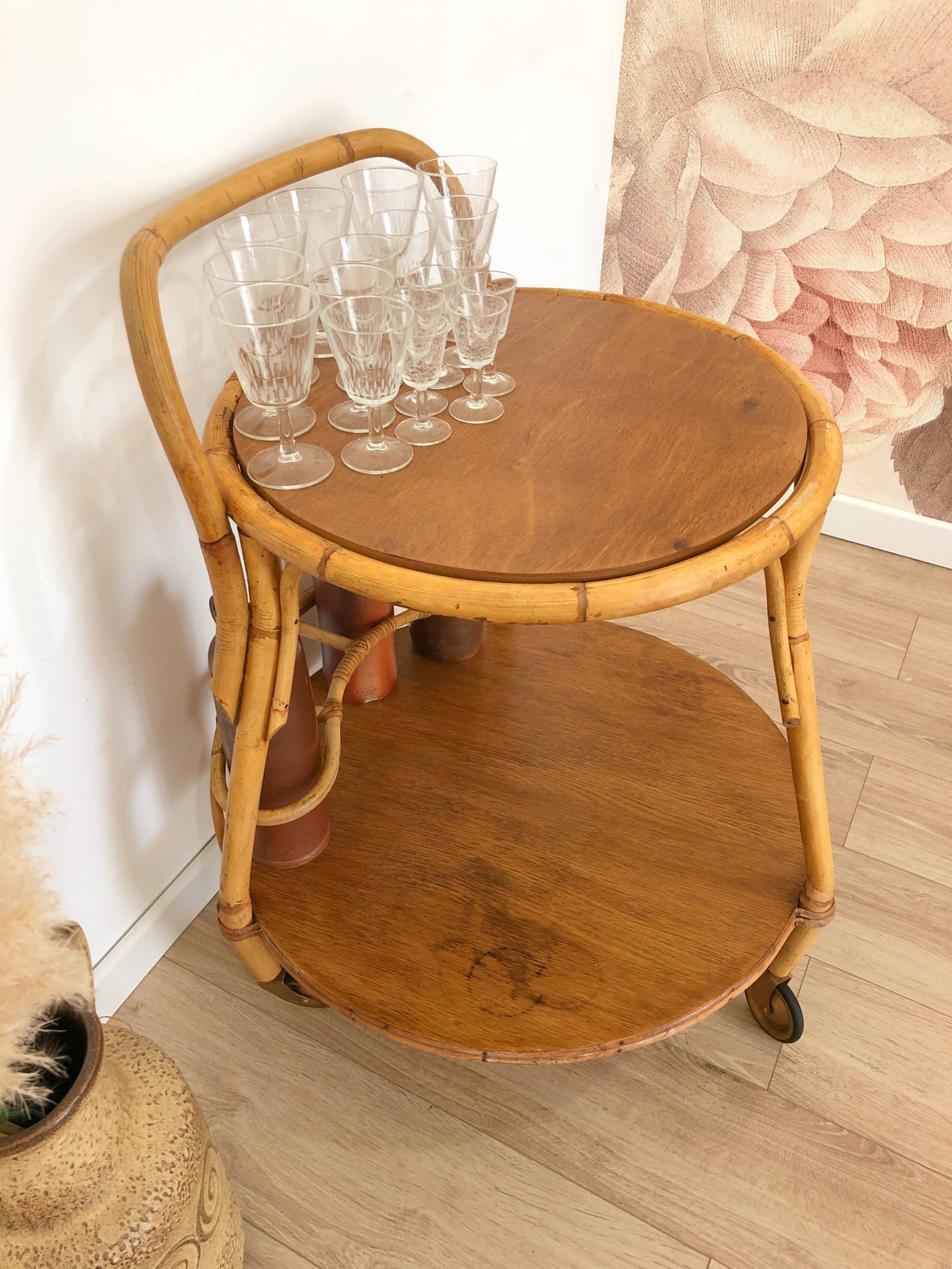 1960s/70s rattan rolling bar/serving cart