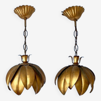 Two vintage pendant lights in gold metal