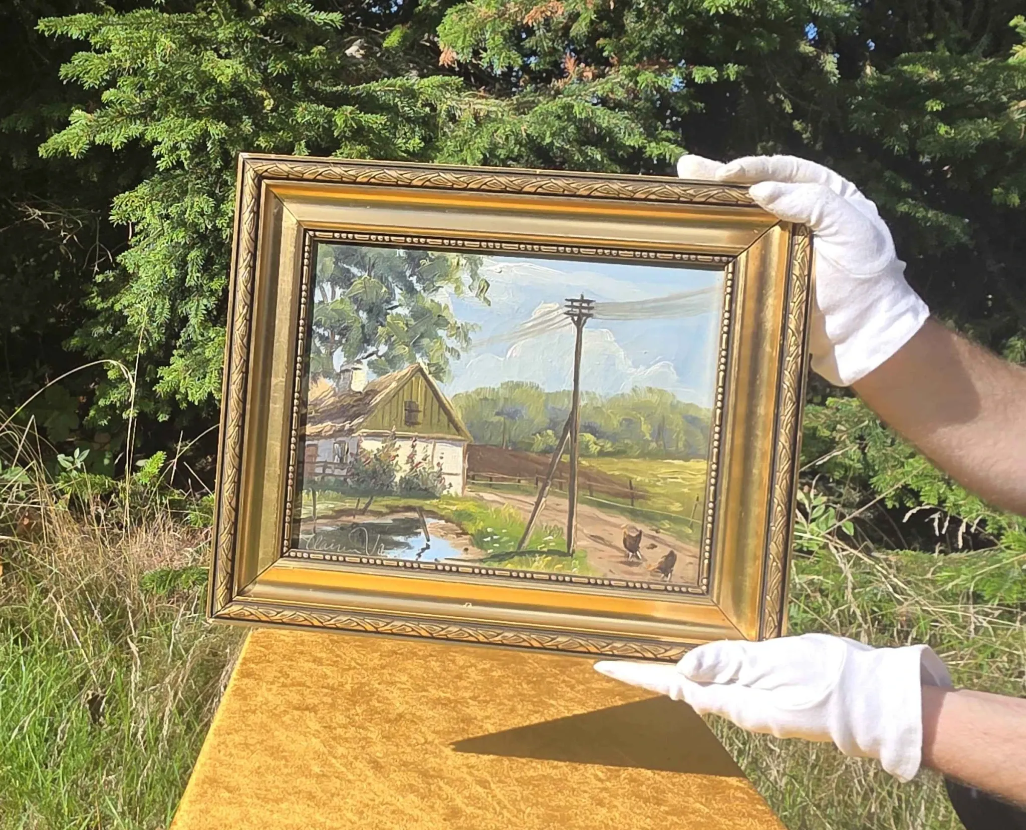 Vintage Farmhouse Landscape Oil Painting
