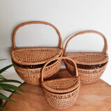 Set of 3 rattan baskets, with lid