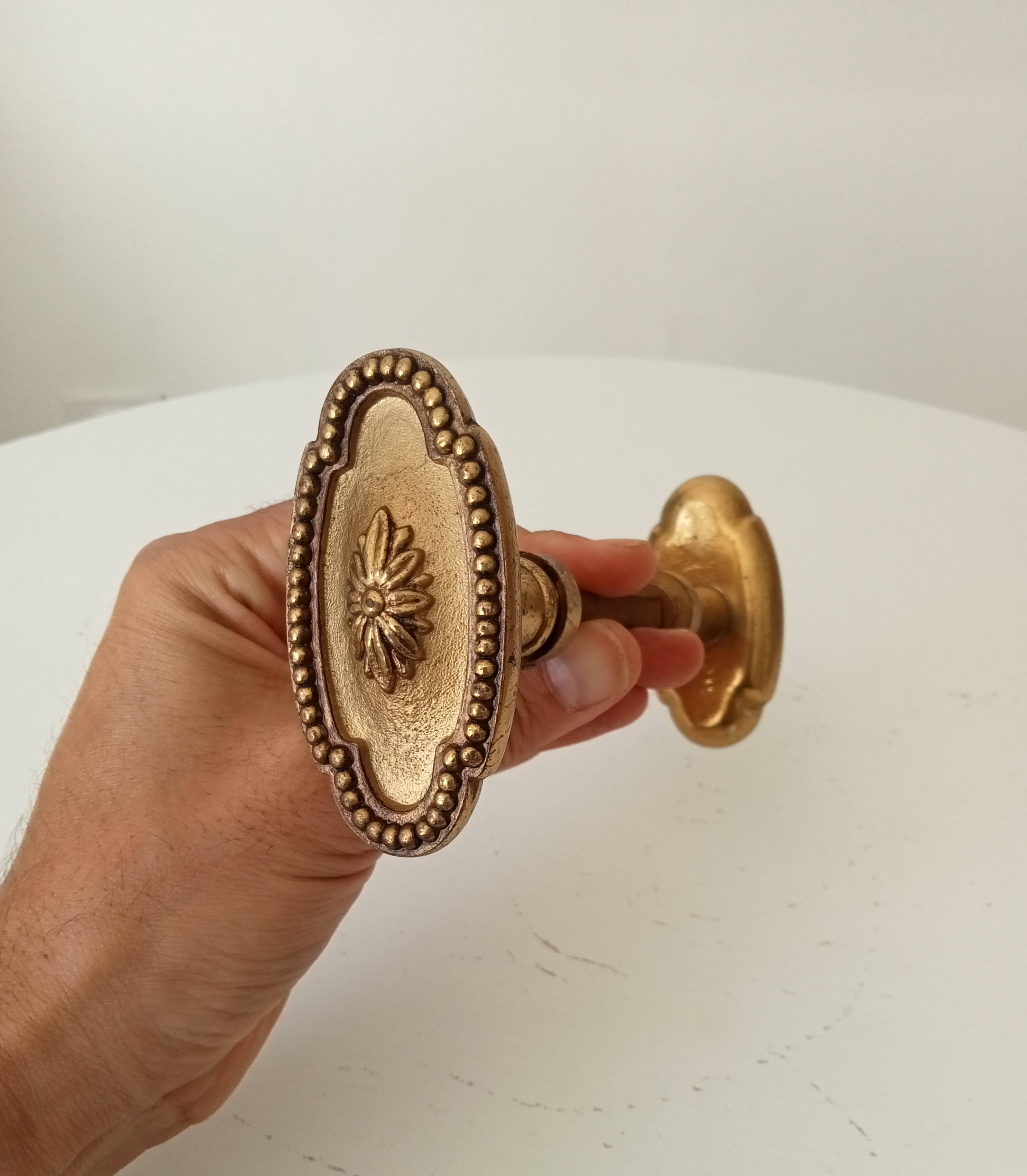 Pair of antique Louis XVI style solid bronze door handles