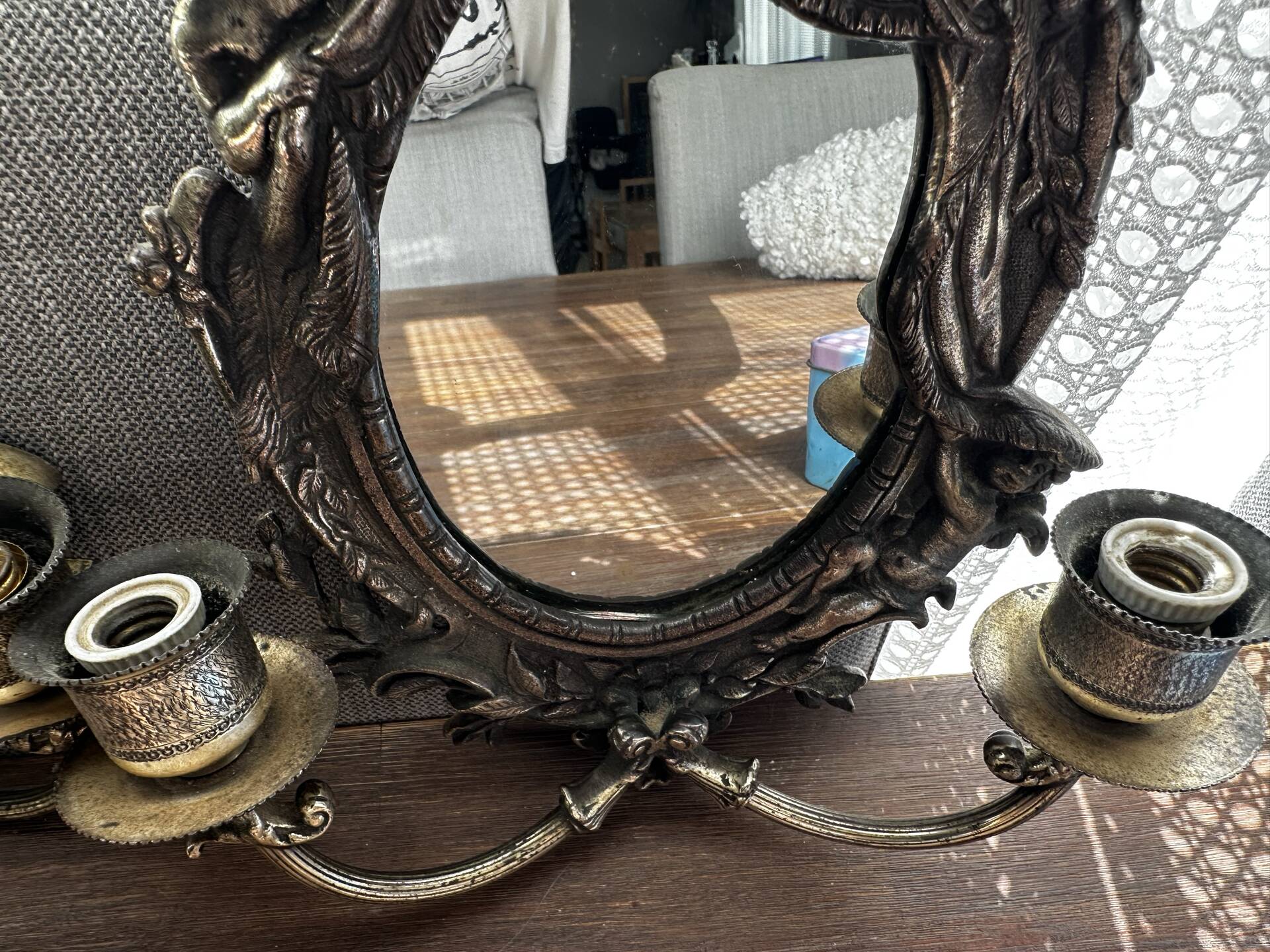 Rare pair of mirror sconces with putti. Napoleon III / Art Nouveau ~
