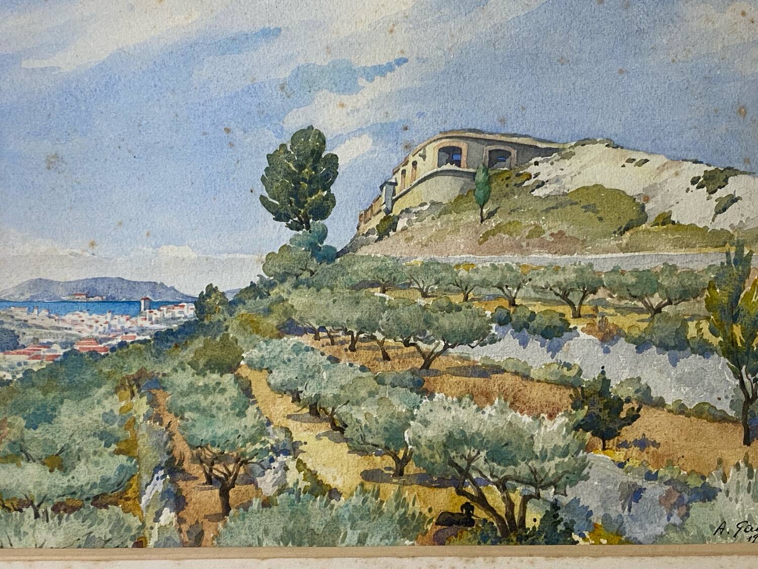 Watercolour landscape of Provence "the fort on the town", early 20th century.