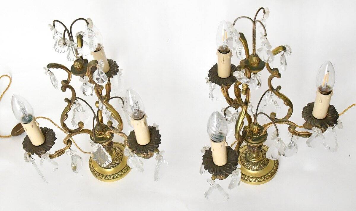 Pair of gilded bronze candelabra with three arms of light