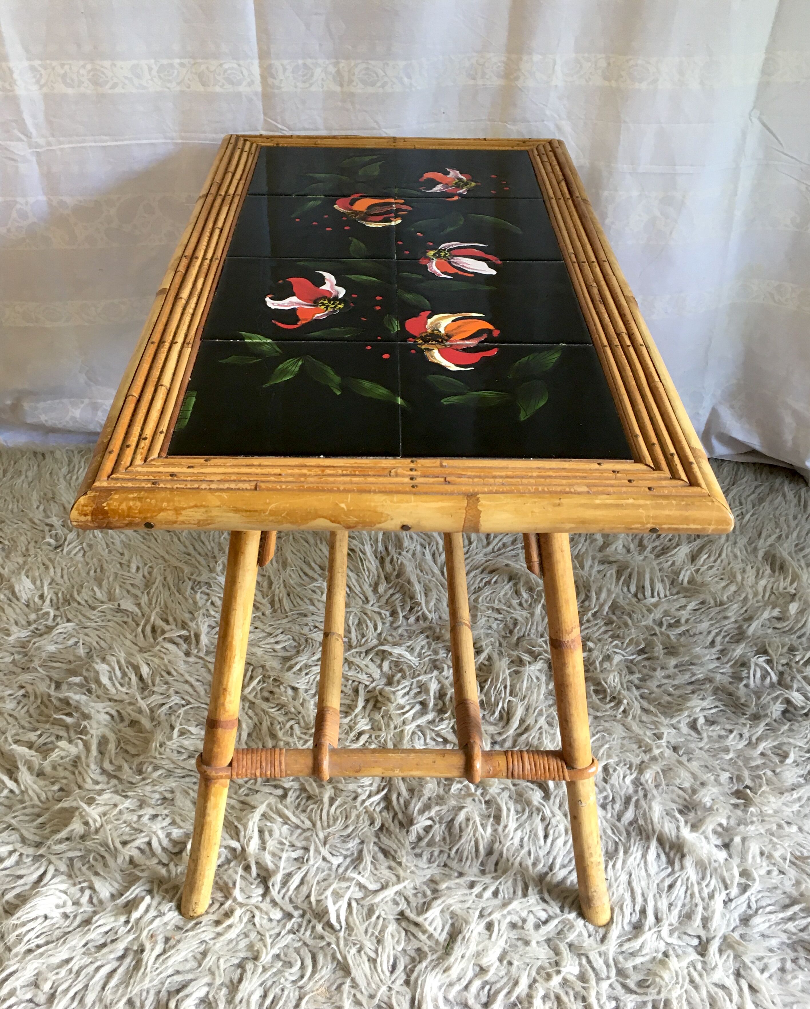 Vallauris rattan coffee table and earthenware - 1950s