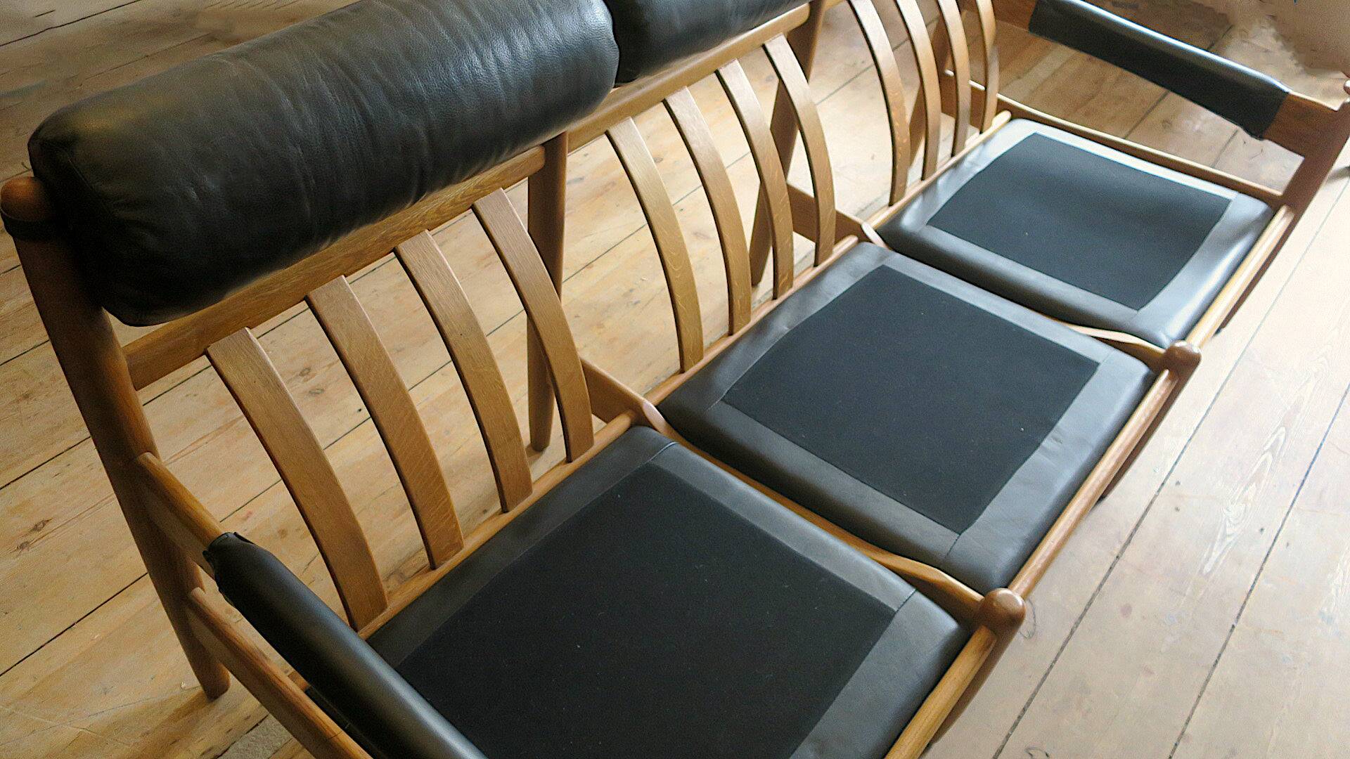 Eric Merthen leather sofa with matching ottoman, Sweden 1960s