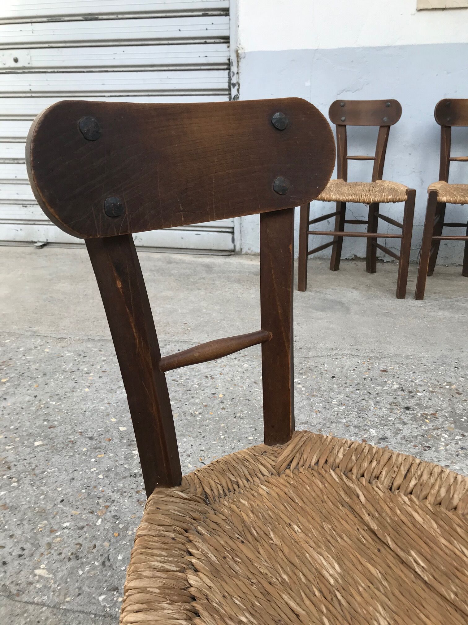 Set of 4 brutalist chairs wood and rope, popular art