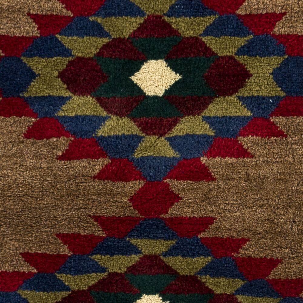 Vintage Hand-Knotted Turkish Tulu Rug with Geometric Medallion Design in Brown, Navy Blue and Red. 100% Wool