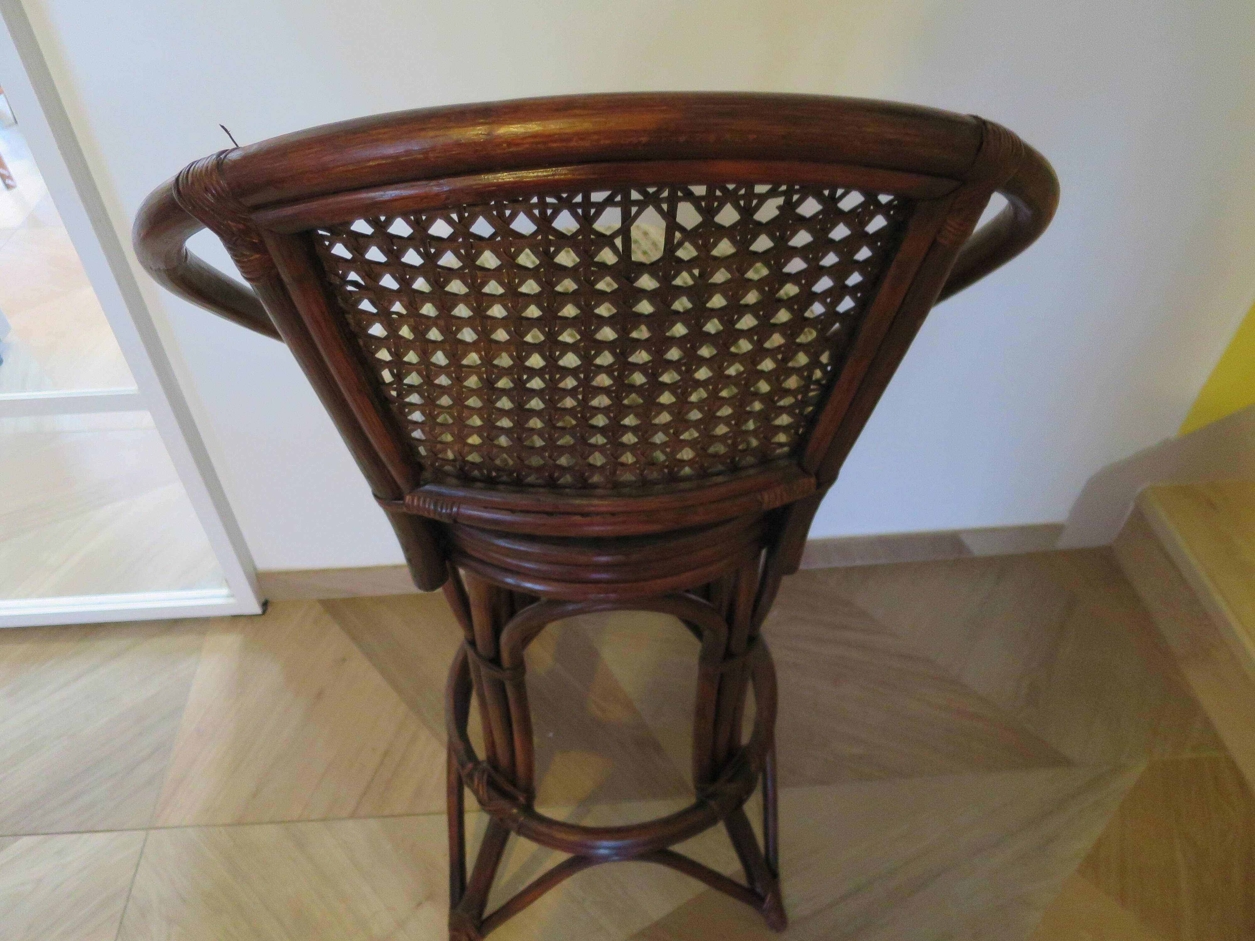 Set of 2 swivel bar stools / chairs - wood - cane - rattan - 80s