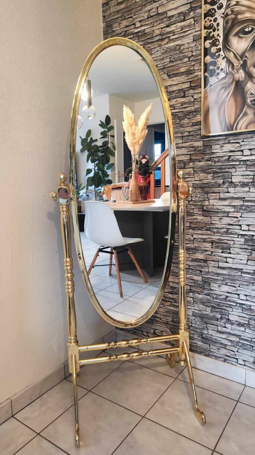 Vintage horse mirror in patinated steel with golden brass effect 1980