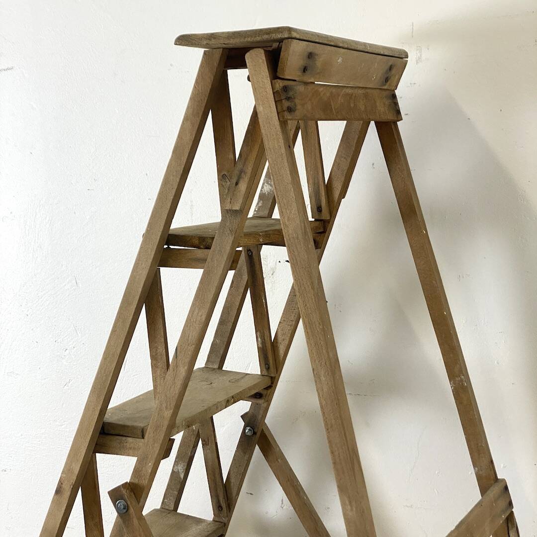 Antique wooden workshop stepladder from the 1950s