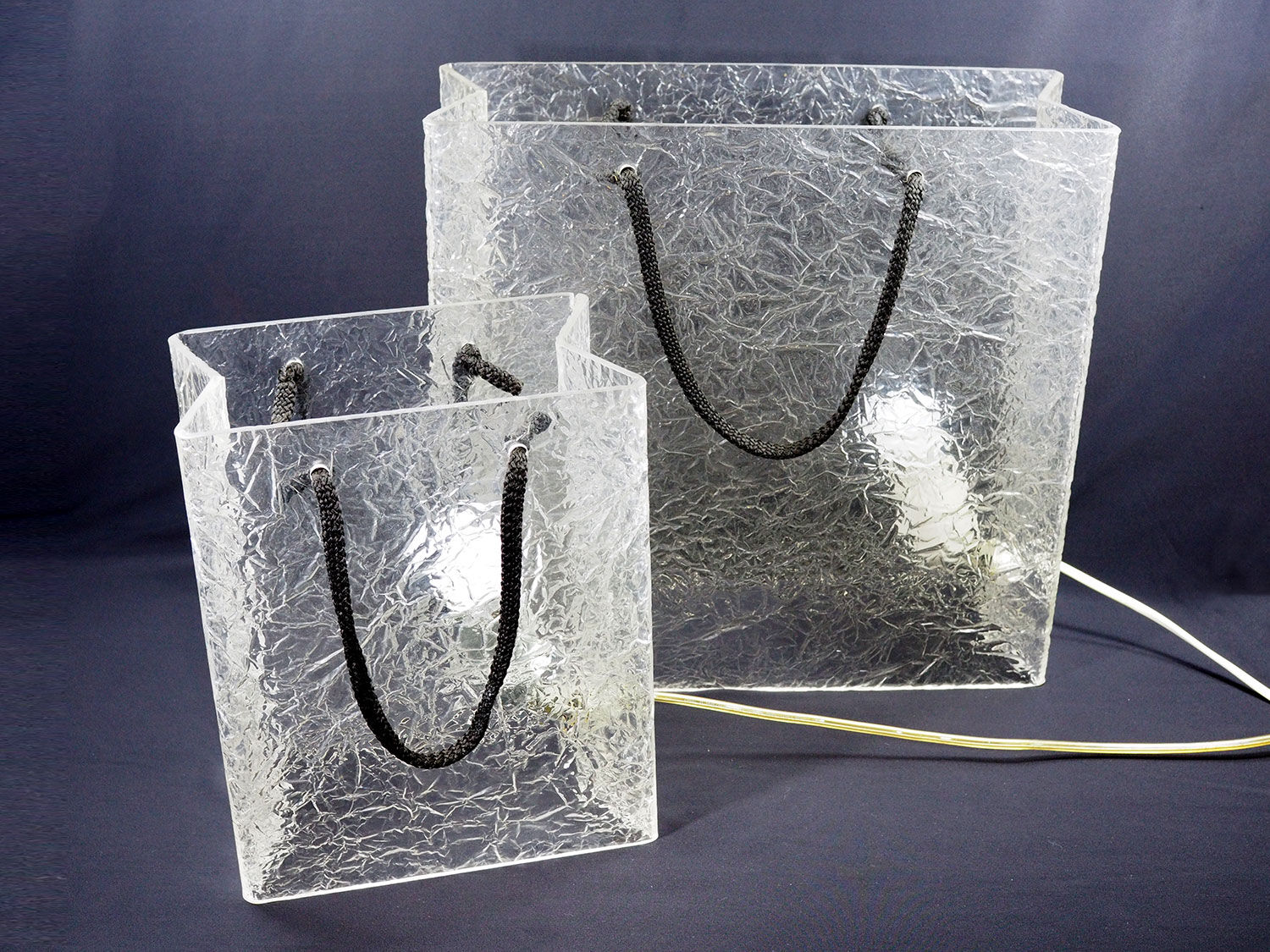 Lucite shopping bag lamps mid-century, set of 2