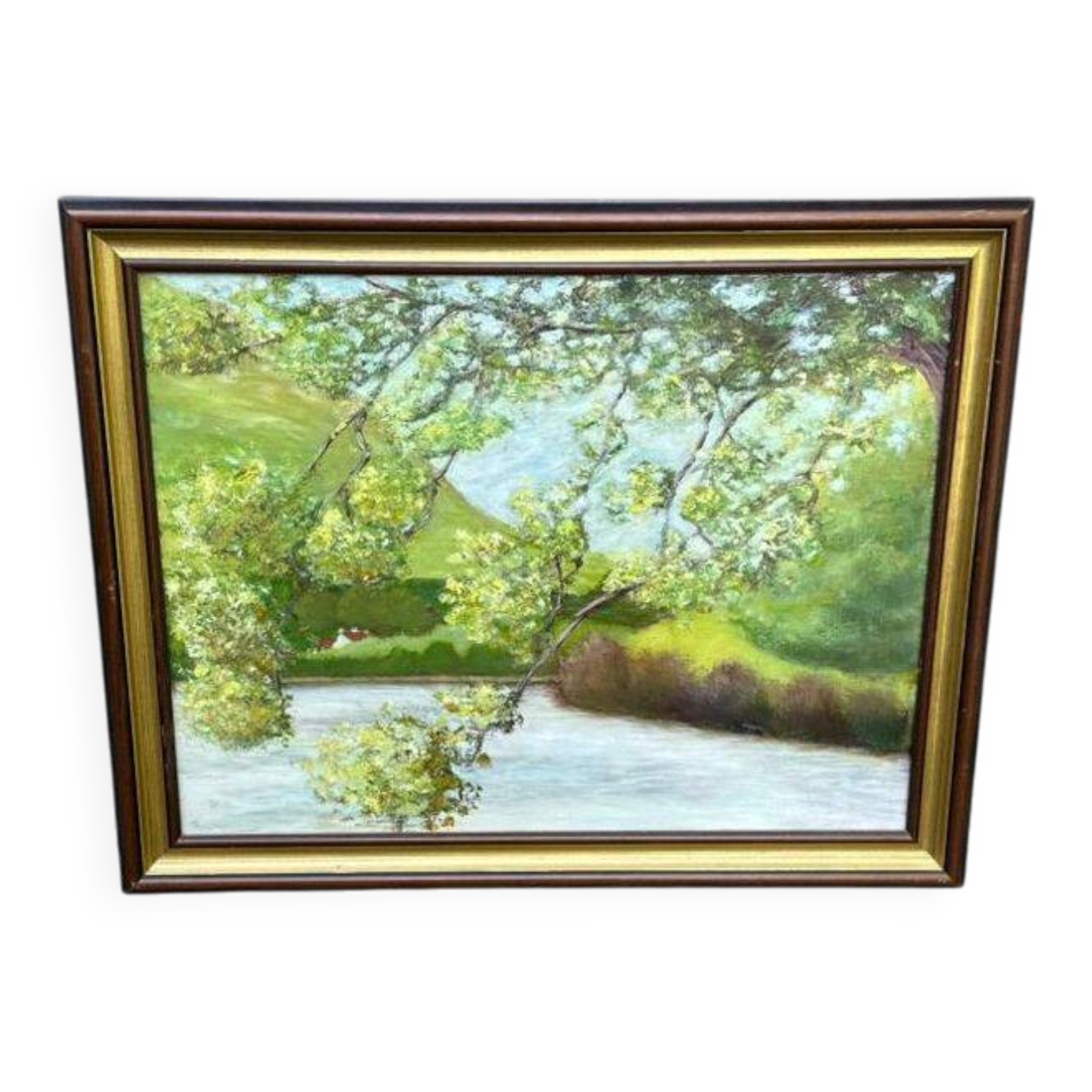Oil painting on canvas, landscape of the Seine, 75x56cm.