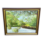 Oil painting on canvas, landscape of the Seine, 75x56cm.