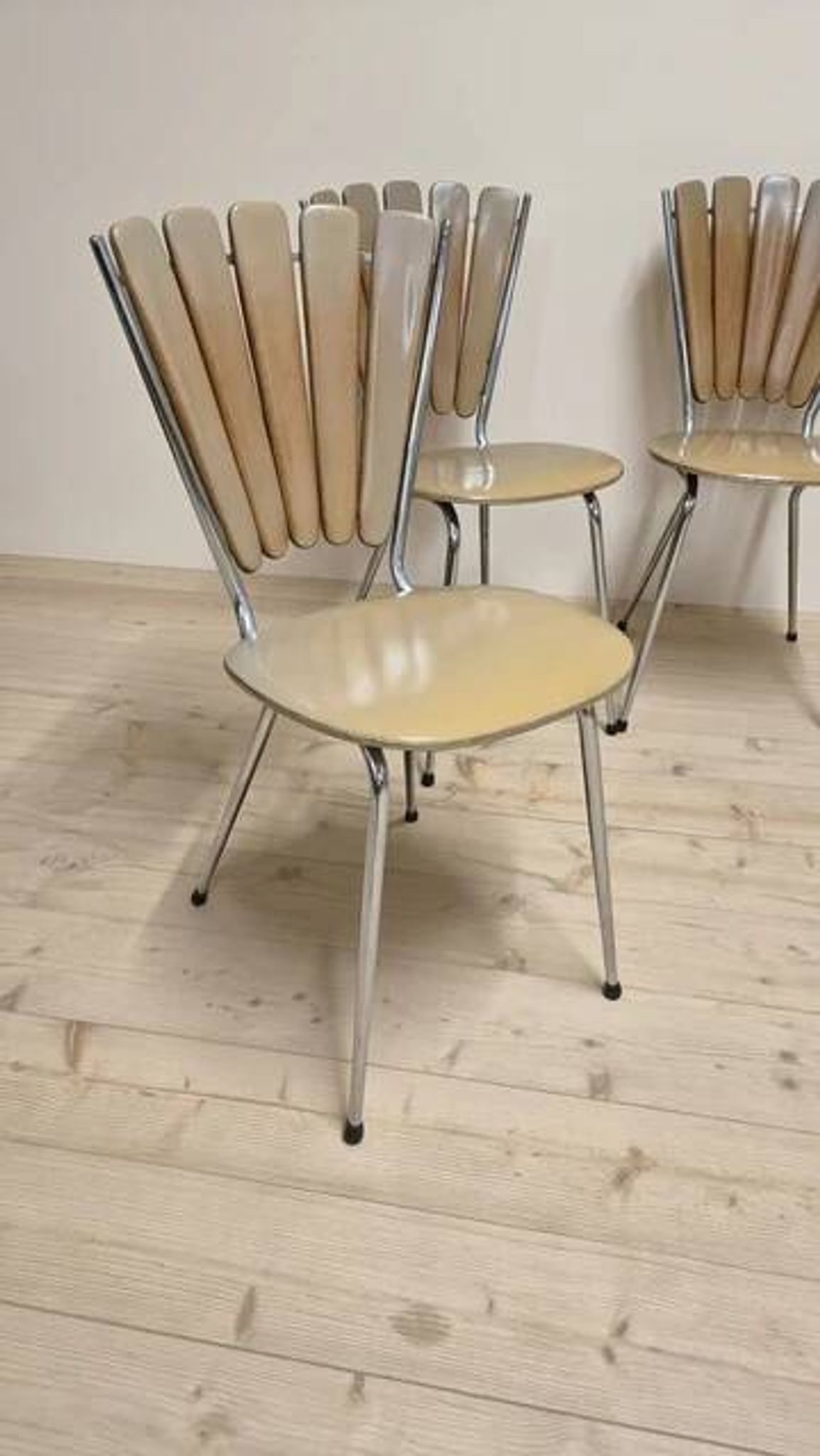 Set of 6 vintage fan-back dining chairs with beige leatherette upholstery