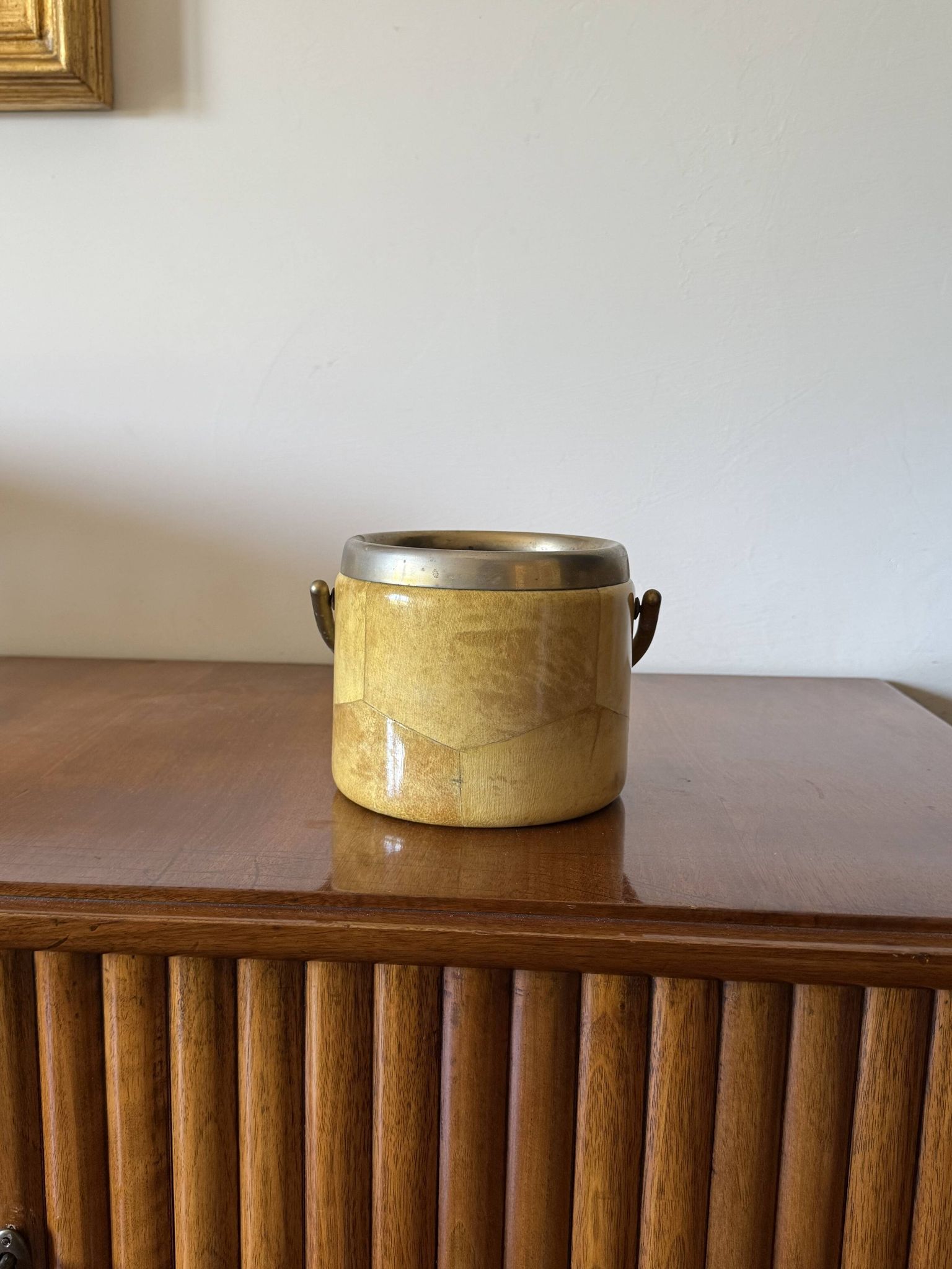 Mid-century cream parchment ice bucket, Aldo Tura Italy 1950s