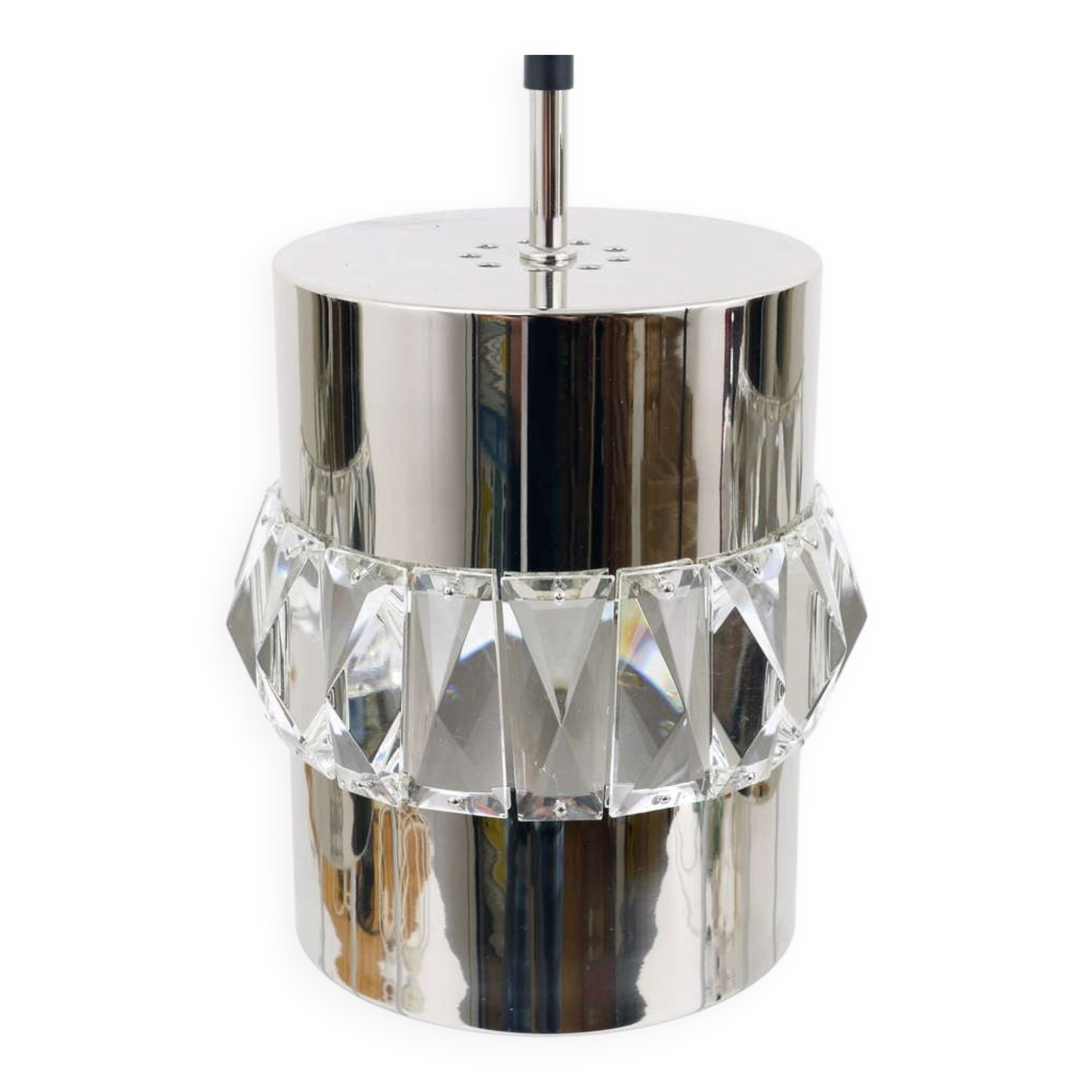 Three Bakalowits pendant lamps in nickel, brass, and faceted crystal, Austria, 1950s.