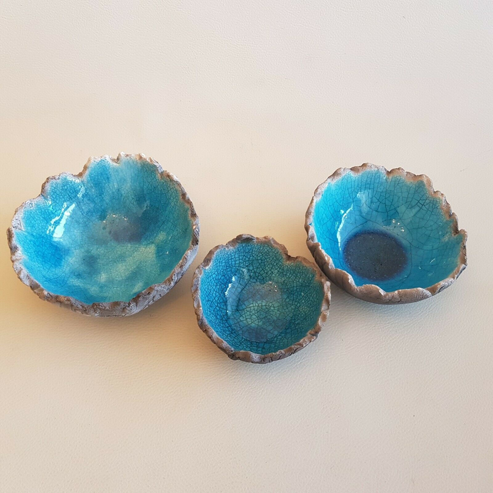 3 empty bowls handmade ceramic pockets signed turquoise color irregular edges
