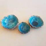 3 empty bowls handmade ceramic pockets signed turquoise color irregular edges