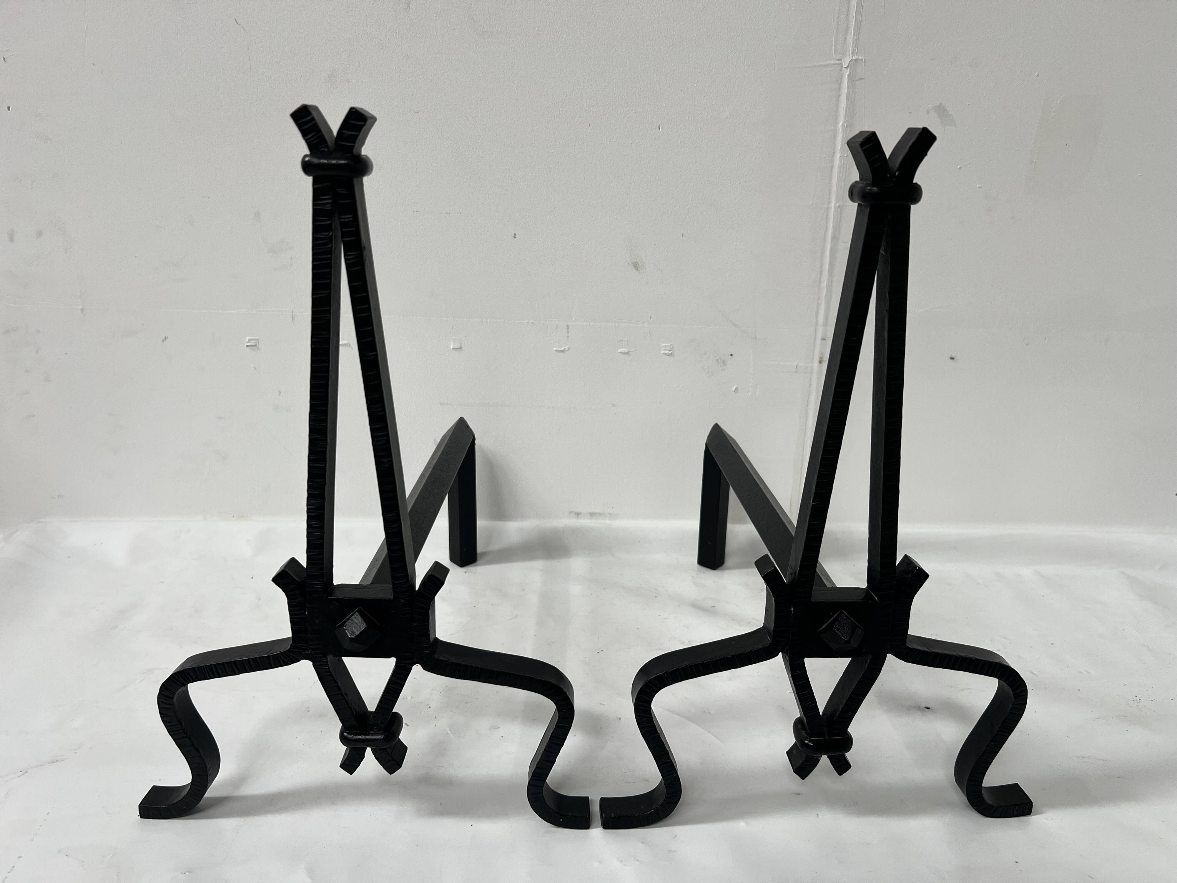 Pair of wrought and hammered iron bedside tables, 20th century