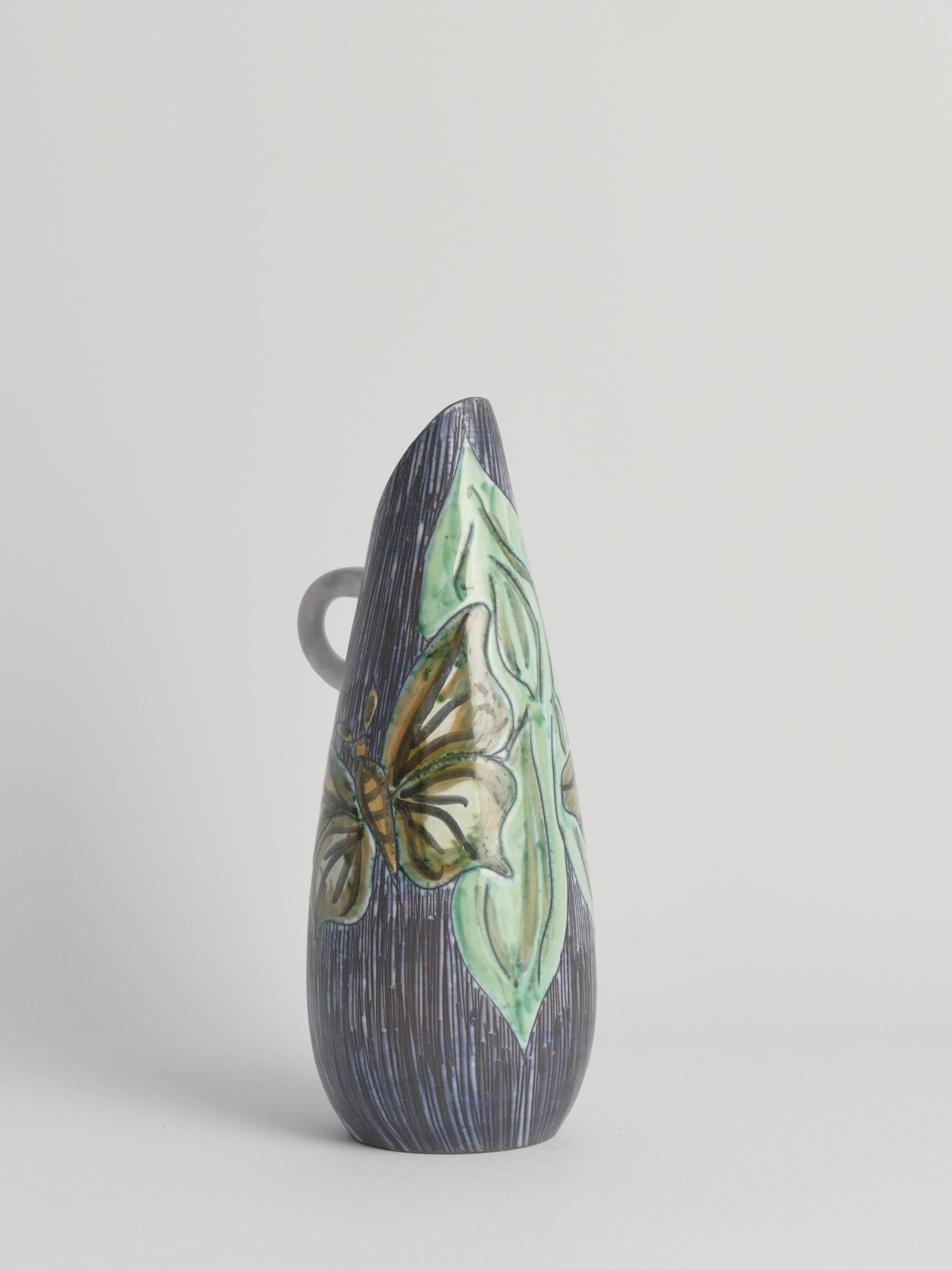 Mid-Century Modern Stoneware Vase with Sgraffito and Butterflies. Sweden, 1950s