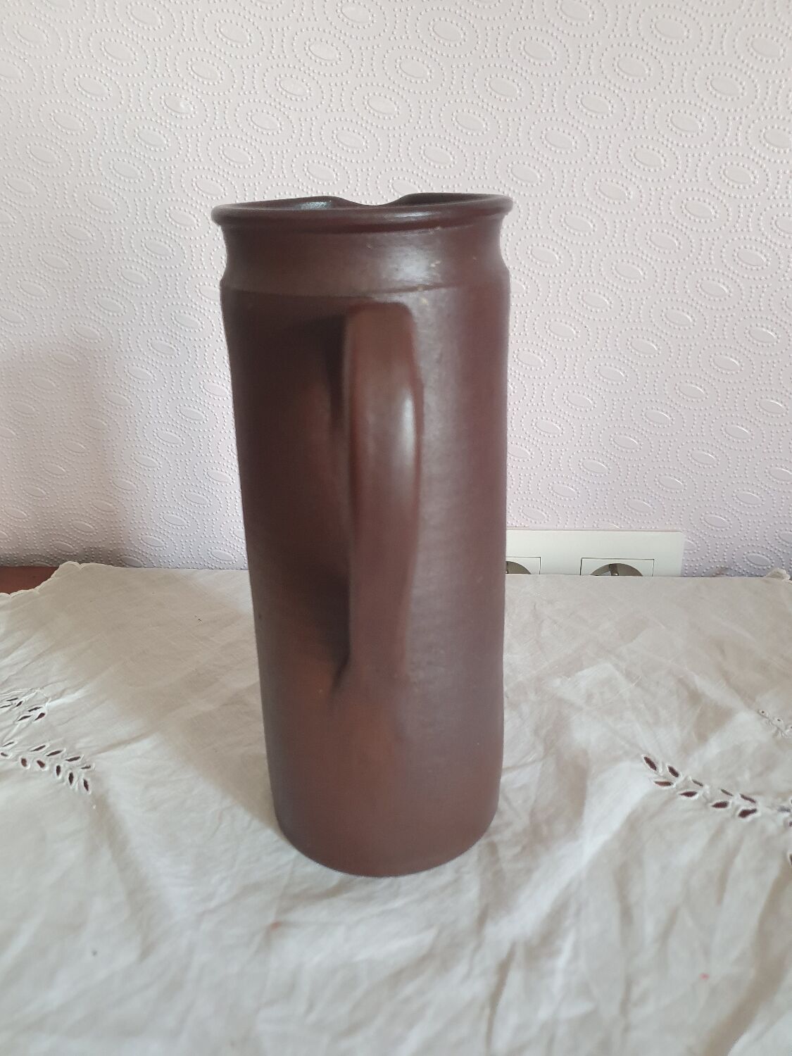 Vintage enameled stoneware pitcher signed