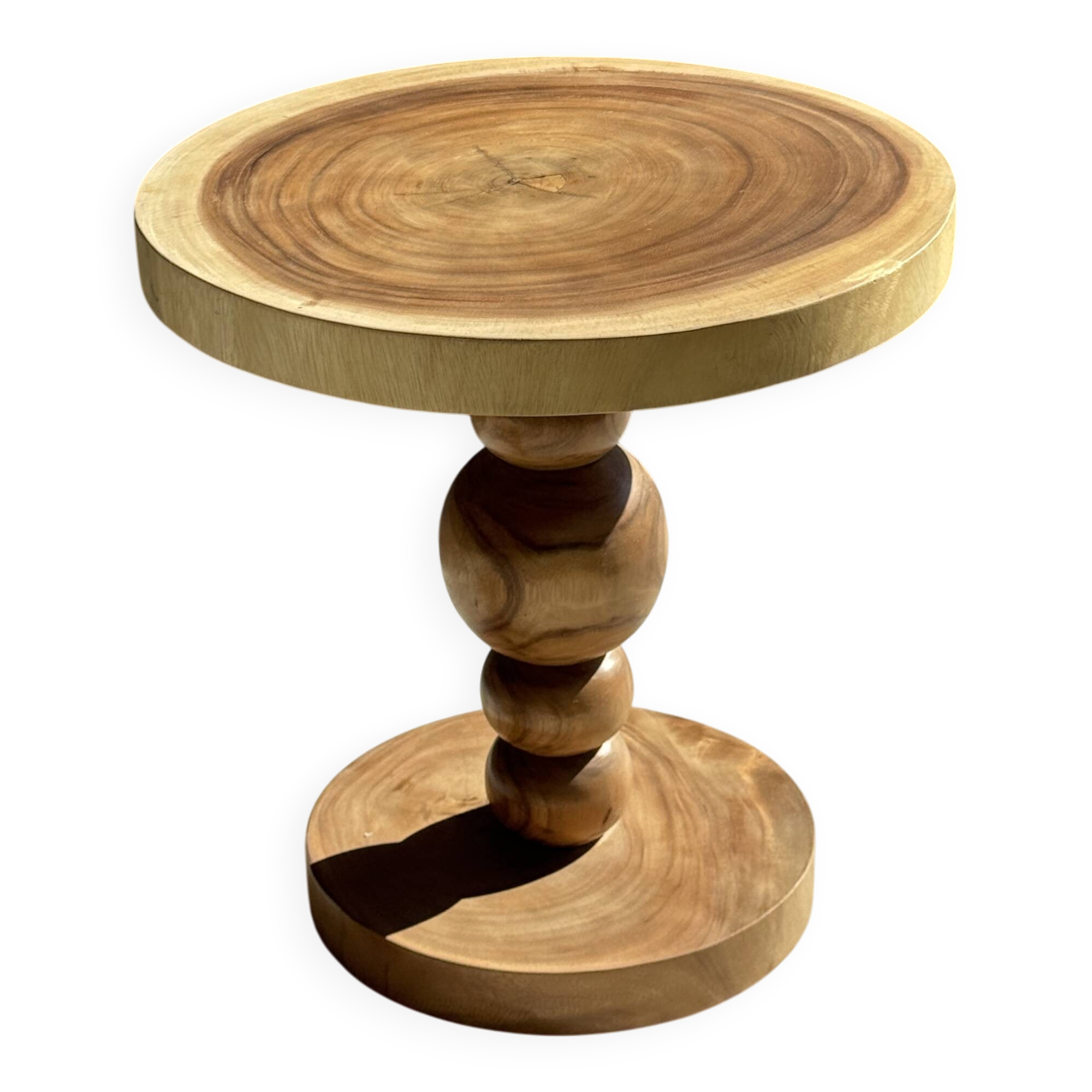 Coffee table in solid suar with central leg and spheres H56.5 D55.5