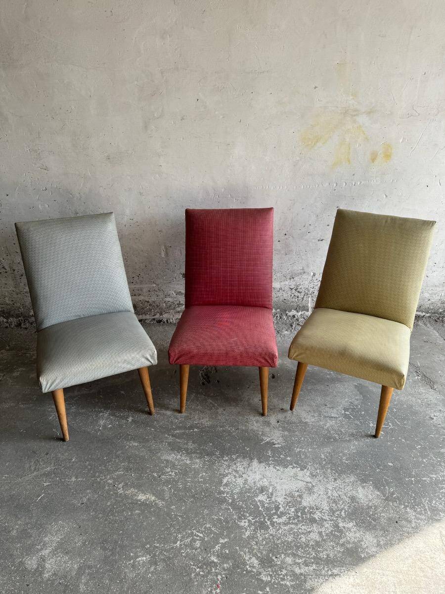 Set of 3 Mid-century club chairs — light blue, wine red & ochre textile with wooden legs