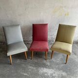 Set of 3 Mid-century club chairs — light blue, wine red & ochre textile with wooden legs