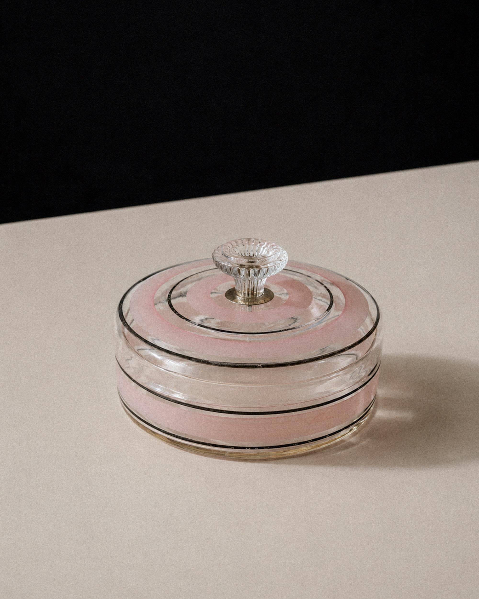 Vintage glass sweet jar from the 1960s, candy jar with a pink and black striped lid, Italian glass art.