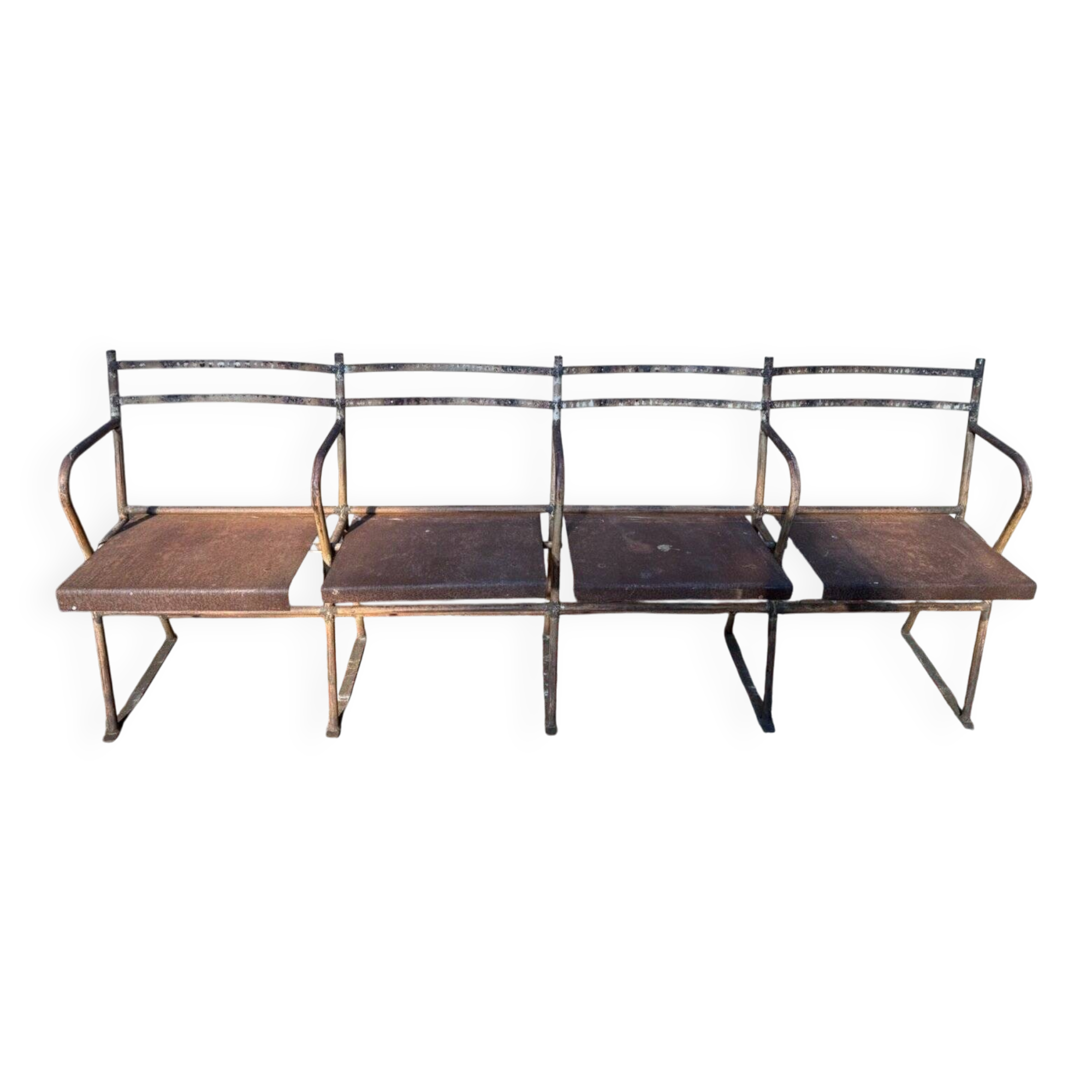 Theatre bench for 4 – Industrial style – Iron and sheet metal – Early 20th century