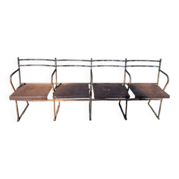 Theatre bench for 4 – Industrial style – Iron and sheet metal – Early 20th century
