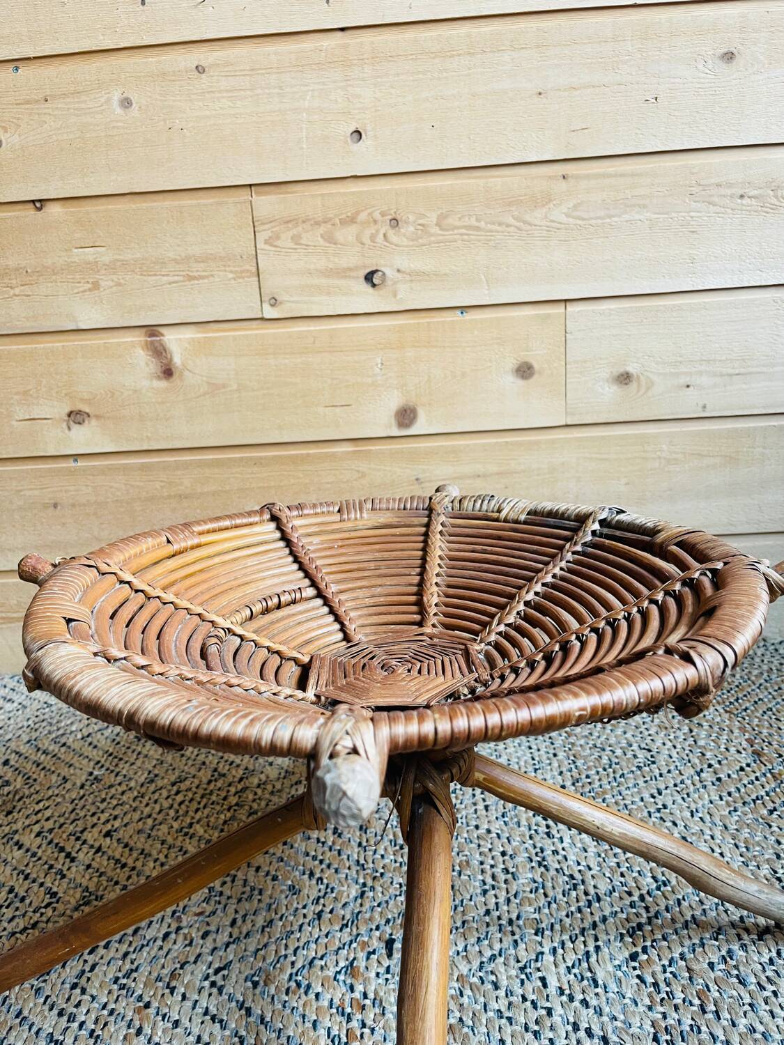 Rattan and wood stool