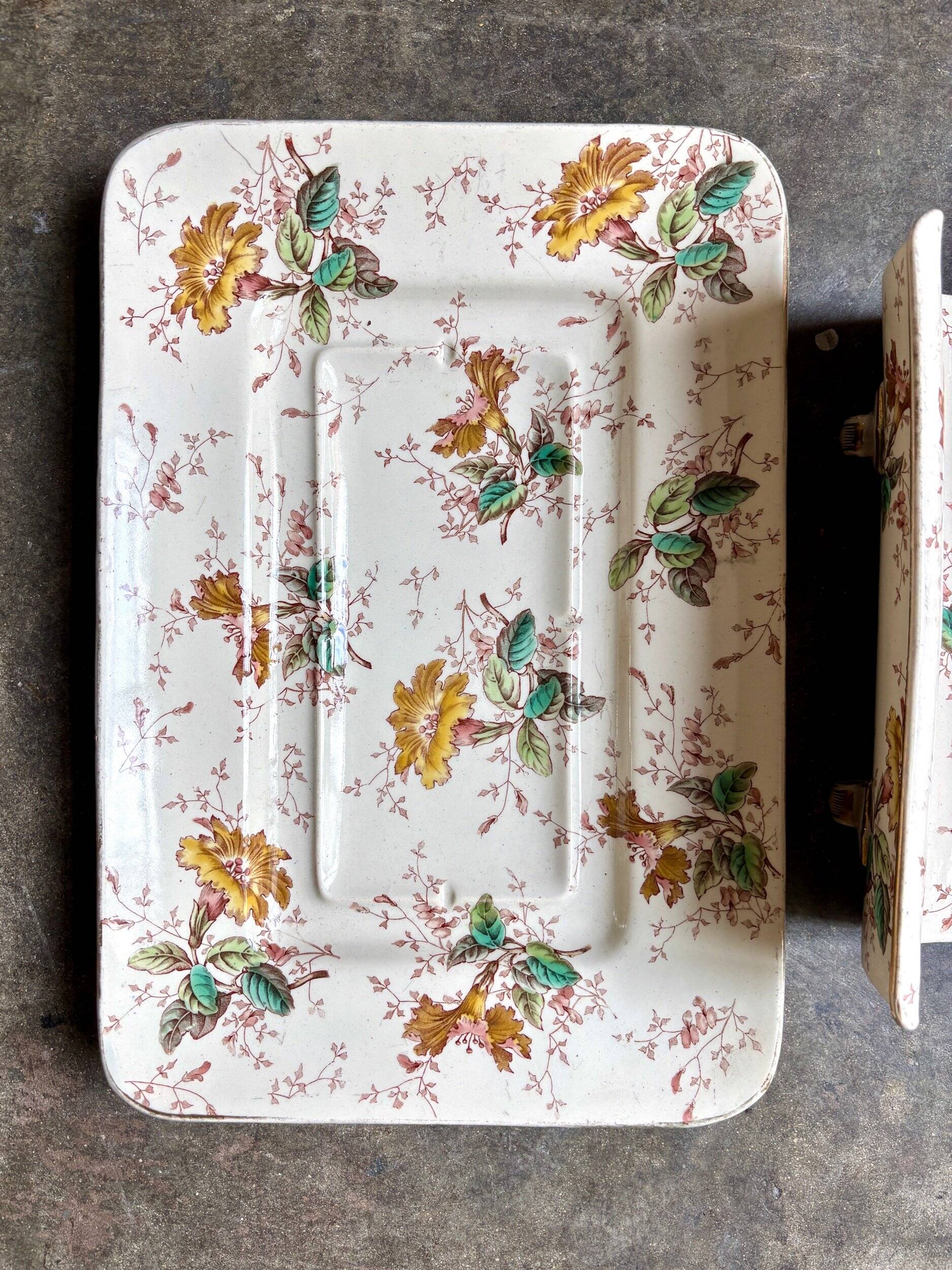 Lunéville asparagus dish in polychrome and gilded ironstone