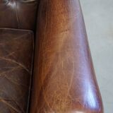 Set of 2 Cognac Brown Grained Cowhide Leather Chesterfield Armchairs