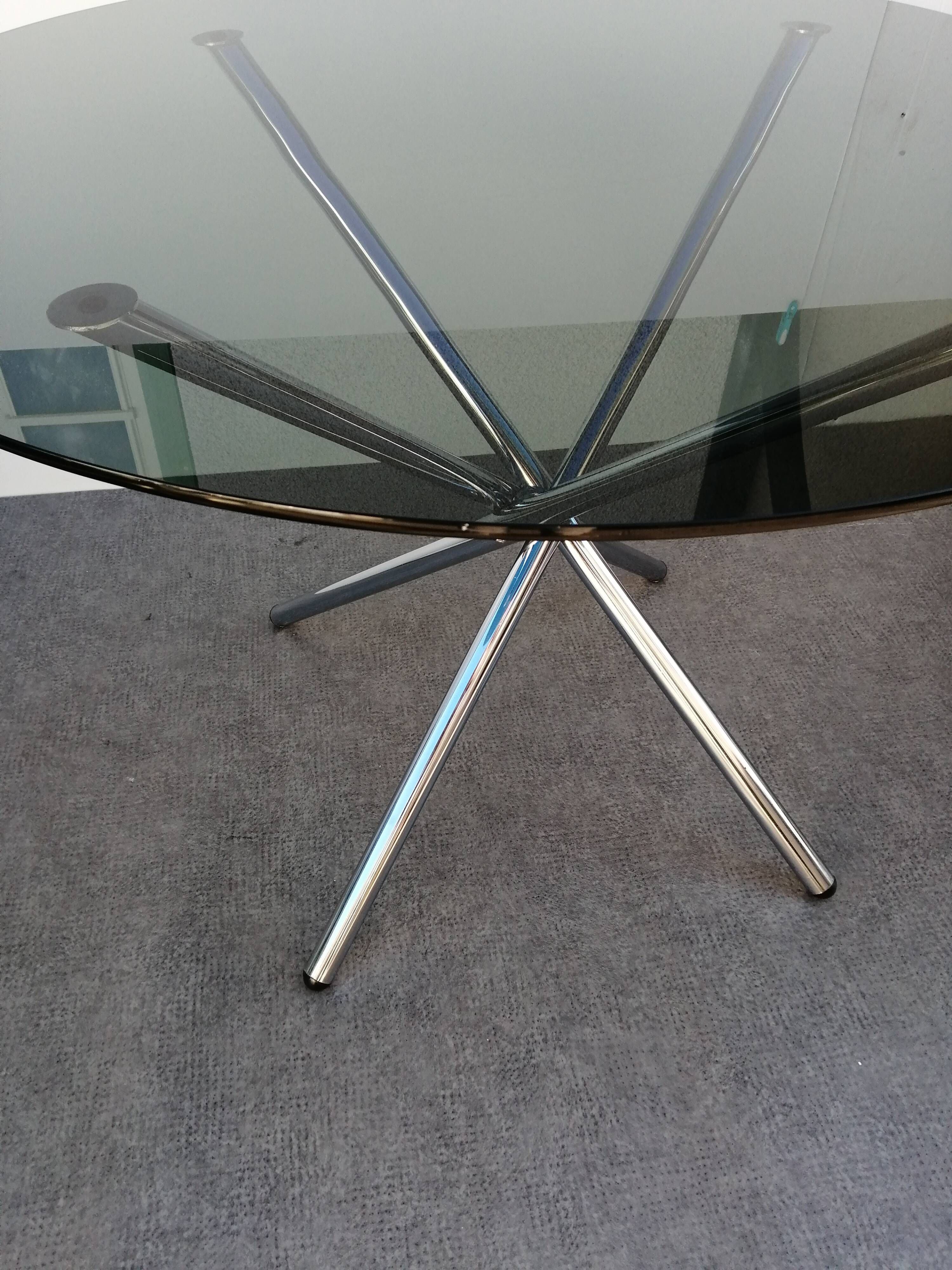 Designer smoked glass table, chrome Mikado base, vintage 1970