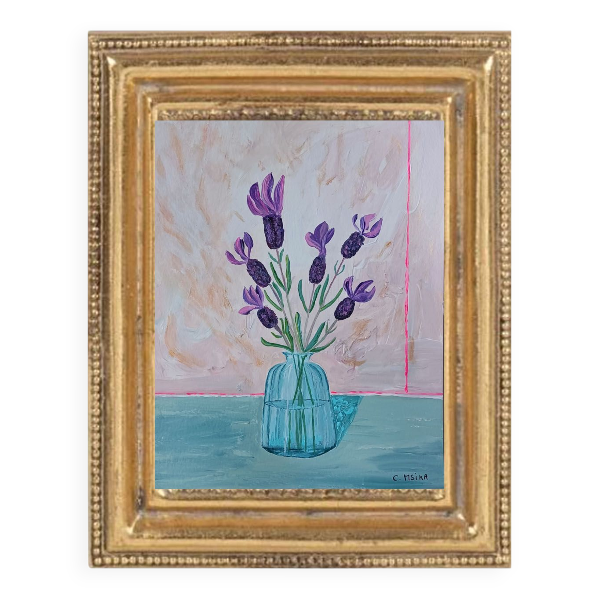 Painting depicting a bouquet of lavender flowers