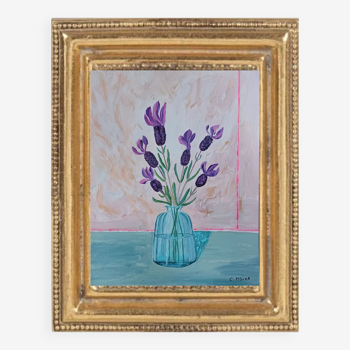 Painting depicting a bouquet of lavender flowers